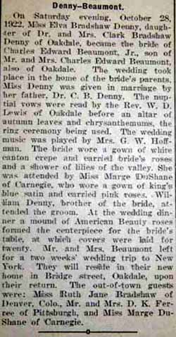 2nd Article Marriage Notice for Charles Edward BEAUMONT, Jr. to Elva Bradshaw Denny, 28 Oct 1922