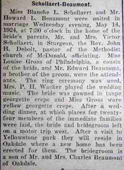 Marriage Notice for Howard L. BEAUMONT to Blanche L. Schollaert, 14 May 1924