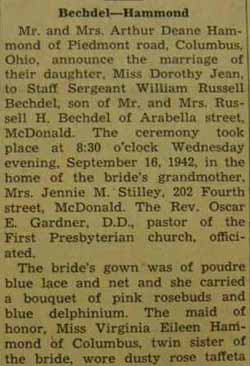 Part 1 Marriage Notice for William Russell BECHDEL to Dorothy Jean Hammond, 16 Sep 1942