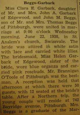 Marriage Notice for John M. BEGGS to Clara E. Garbark, 22 Jun 1938