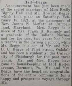 Marriage Notice for Howard BEGGS to Emily Bigney Hall, 18 Feb 1921