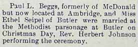 Marriage Notice for Paul L. BEGGS to Ethel Seipel, Christmas Day, Dec. 25, 1905