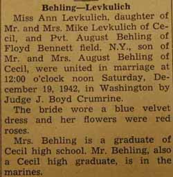 Marriage Notice for August BEHLING to Ann Levkulich, 19 Dec 1942