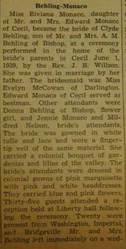 Part 1 Marriage Notice for Clyde BEHLING to Biviana Monaco, 1 Jun 1939