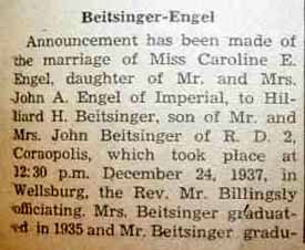 Part 1 Marriage Notice for Hilliard H. BEITSINGER to Caroline E. Engel, December 24, 1937