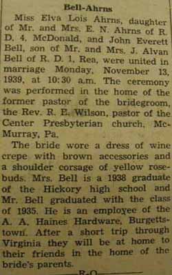Marriage Notice for John Everett BELL to Elva Lois Ahrns, 13 Nov 1939