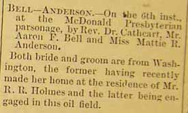 Marriage Notice for Mr. Aaron F. BELL and Miss Mattie R. ANDERSON