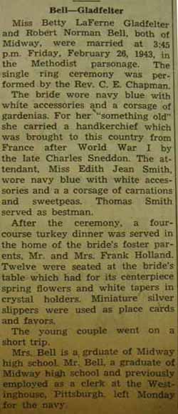 Marriage Notice for Robert Norman BELL to Betty LaFerne Gladfelter, 26 Feb 1943