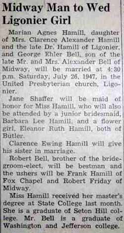 Marriage Notice for George Ehler BELL to Marian Agnes Hamill, 26 Jul 1947