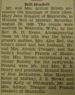 Marriage Notice for  William BELL to Mary Jane Heazlett, 29 Aug 1936
