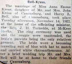 Marriage Notice for Harry L. BELL to Anna Emma Kress, 14 Nov 1922