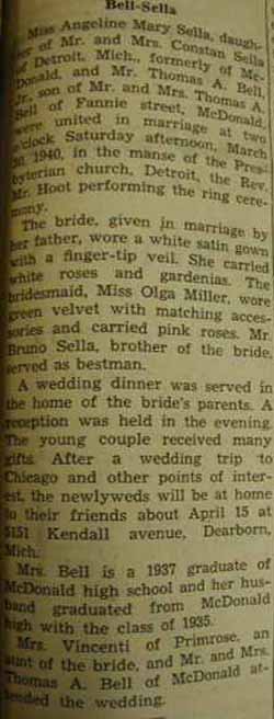 Marriage Notice for Thomas A. BELL to Angeline Mary Sella, 30 Mar 1940