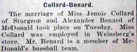 Marriage Notice for Alexander BENARD to Jennie Collard, no date, in 7-28-1922 paper
