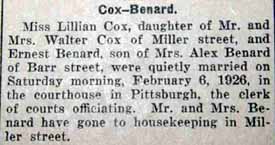 Marriage Notice for Ernest BENARD to Lillian Cox, 6 Feb 1926