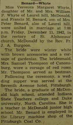 Marriage Notice for Francis M. BENARD to Veronica Margaret Whyte, 11 Dec 1942
