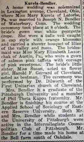 Marriage Notice for Joseph N. BENDLER to Mary Kurela, no date, in 3-8-1923 paper