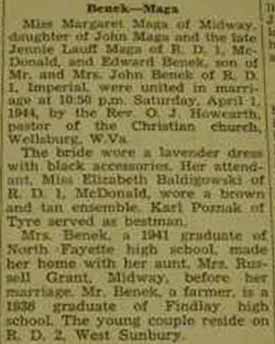 Marriage Notice for Edward BENEK to Margaret Maga, 1 Apr 1944