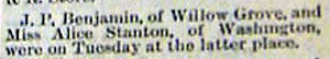 Notice about  J. P. BENJAMIN and Alice Stanton, Jul 1892