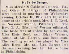 Marriage Notice for Oliver M. BERGER to Meryle McBride, 10 Oct 1917
