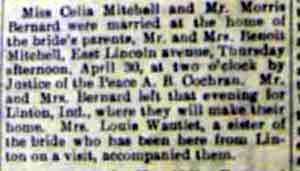 Marriage Notice for Miss Celia MITCHELL and Mr. Morris BERNARD