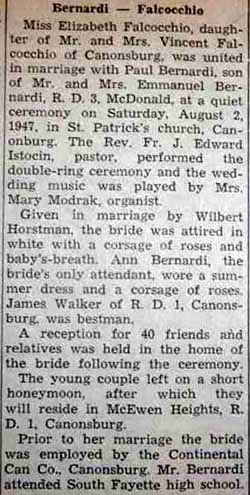Marriage Notice for Paul BERNARDI to Elizabeth Falcocchio, 2 Aug 1947