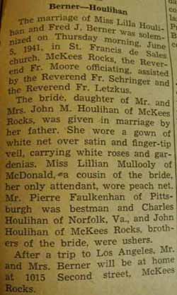 Marriage Notice for Fred J. BERNER to Lilla Houlihan, 5 Jun 1941
