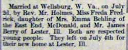 Marriage Notice for 
James BERRY to Freda Fredrick, 2 Jul 1909