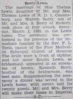 Marriage Notice for Warren BERRY to Thelma Lewis, 1 Mar 1935
