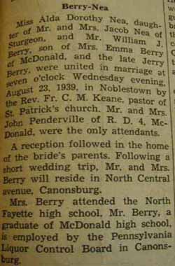 Marriage Notice for 
William J. BERRY to Alda Dorothy Nea, 23 Aug 1939