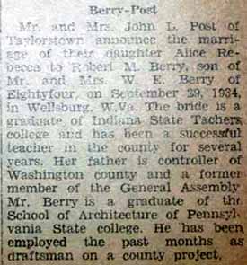 Marriage notice for Robert M. BERRY to Alice Rebecca Post, 29 Sep 1934
