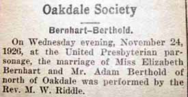 Marriage Notice for Adam BERTHOLD to Elizabeth Bernhart, 24 Nov 1926