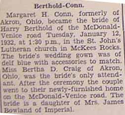 Marriage Notice for Harry BERTHOLD to Margaret H. Conn, 12 Jan 1932