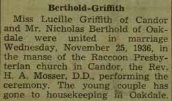 Marriage Notice for Nicholas BERTHOLD to Lucille Griffith, 25 Nov 1936