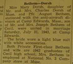 Marriage Notice for August BETHEM to Mary Dorsh, 31 Jul 1943