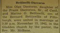 Part 1 Marriage notice for Marino G. BETTINELLI to Olga Daccorso, 15 Nov 1942