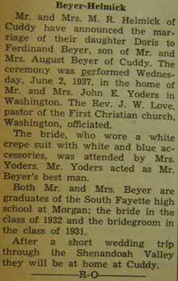 Marriage Notice for Ferdinand BEYER to Doris Helmick, 2 Jun 1937
