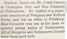 Marriage Notice of Mr. Frank CADOUL to Miss ___ CLEMONTS, March 1st, 1909