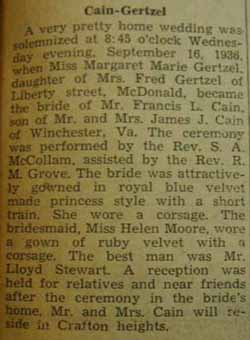 Marriage Notice for Francis L. CAIN to Margaret Marie Gertzel, 16 Sep 1936