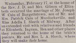 Marriage Notice for Joseph W. CAIN to Adelia I. SLEETH, Weds., Feb. 17, 1915