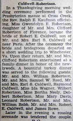 Marriage Notice for Robert E. CALDWELL to Gwendolyn E. Robertson, Thurs. Nov. 29, 1934 per perpetual calendar