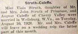 Marriage Notice for August CALEFFE to Viola Struth, Tuesday, August 10, 1926