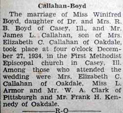 Marriage Notice for James L. CALLAHAN to Winifred Boyd