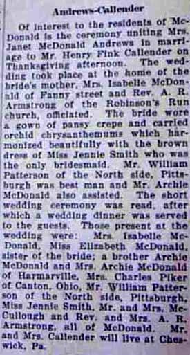 Marriage Notice for Mr. Henry Fink CALLENDER to Mrs. Janet McDonald ANDREWS, Thanksgiving, Nov. 28, 1929