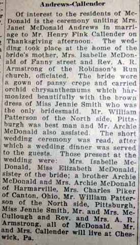 Marriage Notice for Mr. Henry Fink CALLENDER to Mrs. Janet McDonald ANDREWS