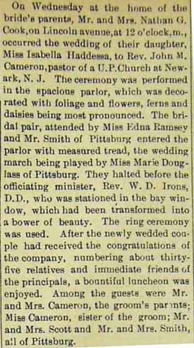 Marriage Notice for Rev. John M. CAMERON to Isabella Haddessa Cook