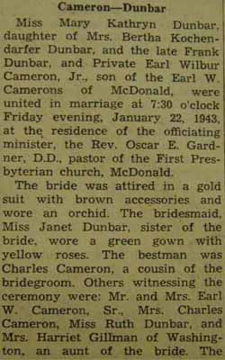 Marriage Notice for Earl Wilbur CAMERON Jr. to Mary Kathryn Dunbar, Jan. 22, 1943
