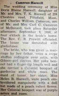 Part 1 Marriage Notice for Charles William CAMERON to Doris Elaine Haswell, September 3, 1938