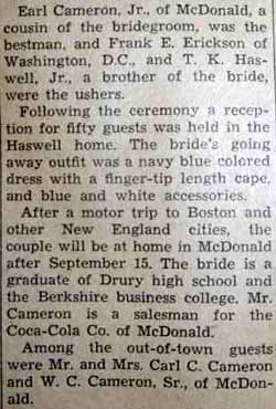 Part 2 Marriage Notice for Charles William CAMERON to Doris Elaine Haswell,&nbsp; September 3, 1938