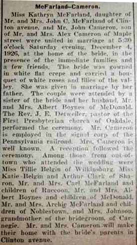 Marriage Notice for John CAMERON to Kathryn McFarland, December 4, 1926