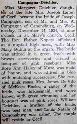 Marriage notice for Joseph CAMPAGNA to Margaret Deichler,&nbsp;November 14, 1934